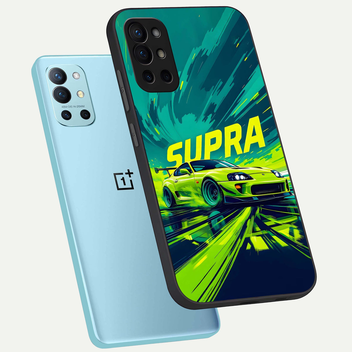  Electric Supra Thunder phone case For OnePlus 9R showing premium glass back cover with detailed artwork