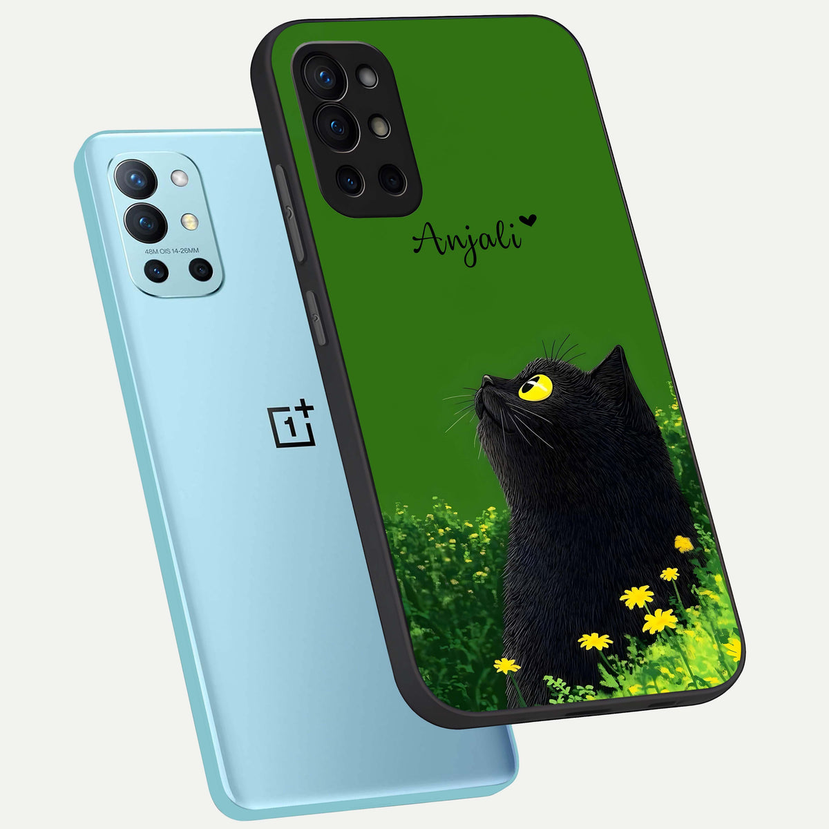  Emerald Cat Custom Name phone case For OnePlus 9R showing premium glass back cover with detailed artwork