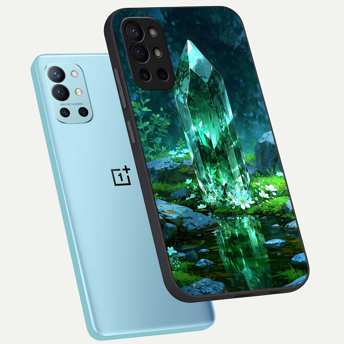  Emerald Light Crystal phone case For OnePlus 9R showing premium glass back cover with detailed artwork