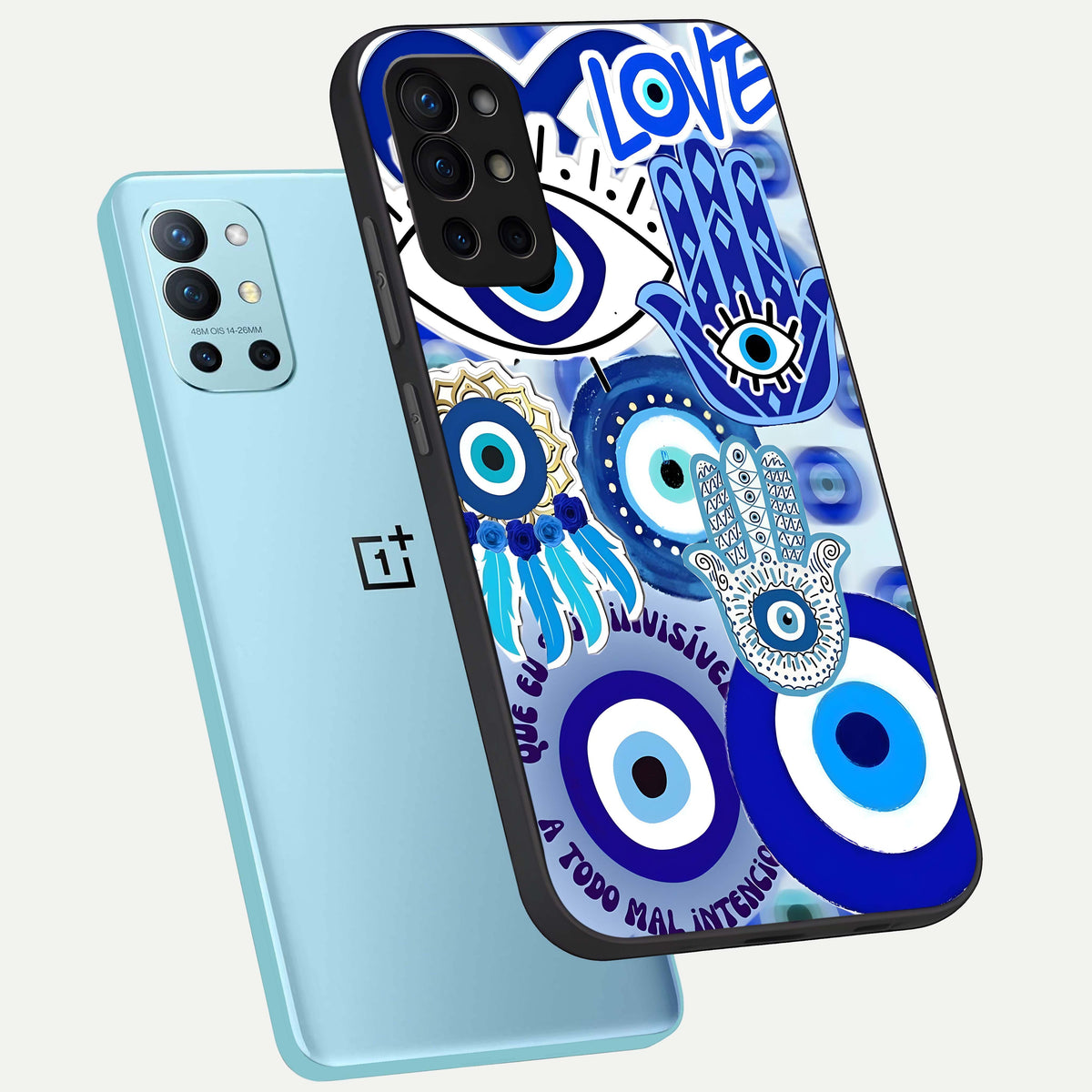  Evil Eyes Dream phone case For OnePlus 9R showing premium glass back cover with detailed artwork