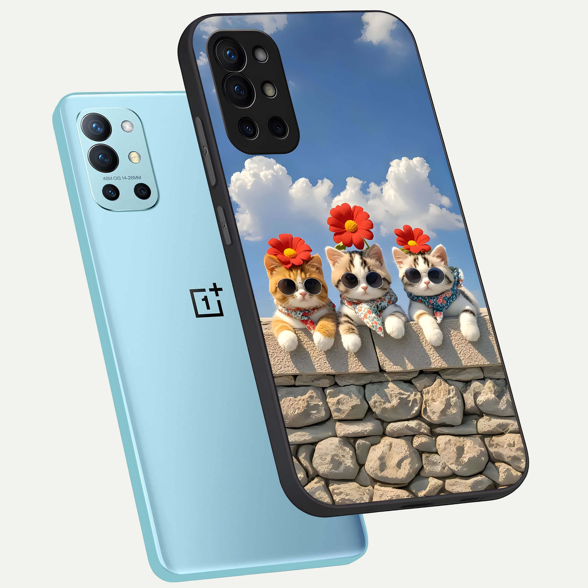  Floral Kitty Squad phone case For OnePlus 9R showing premium glass back cover with detailed artwork
