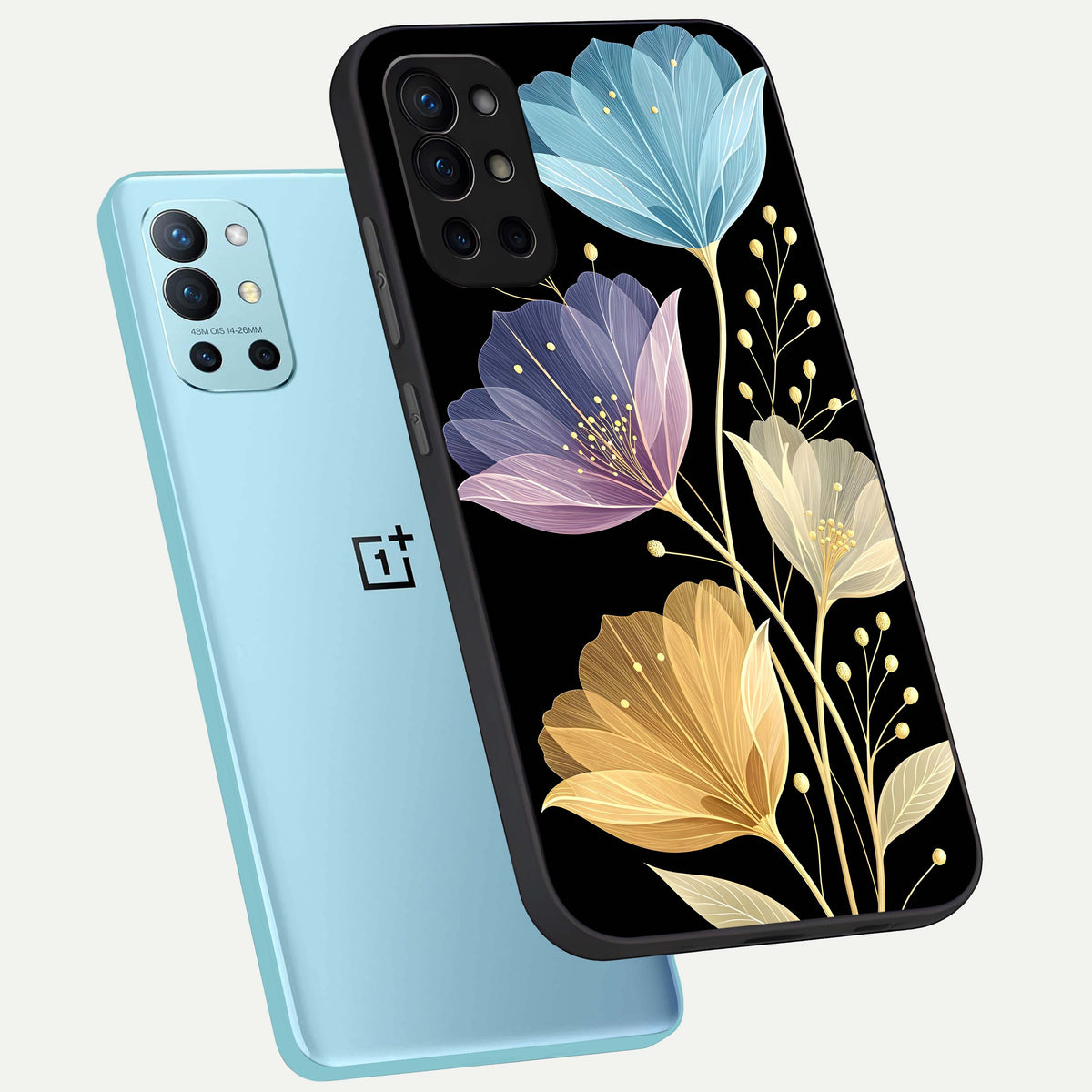  Flower Bloom Glow phone case For OnePlus 9R showing premium glass back cover with detailed artwork