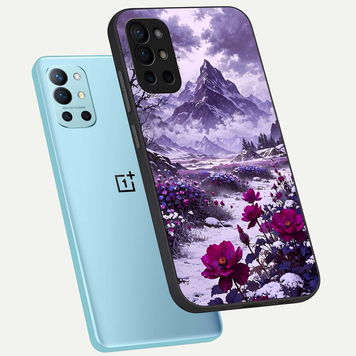  Flower Mountain View phone case For OnePlus 9R showing premium glass back cover with detailed artwork