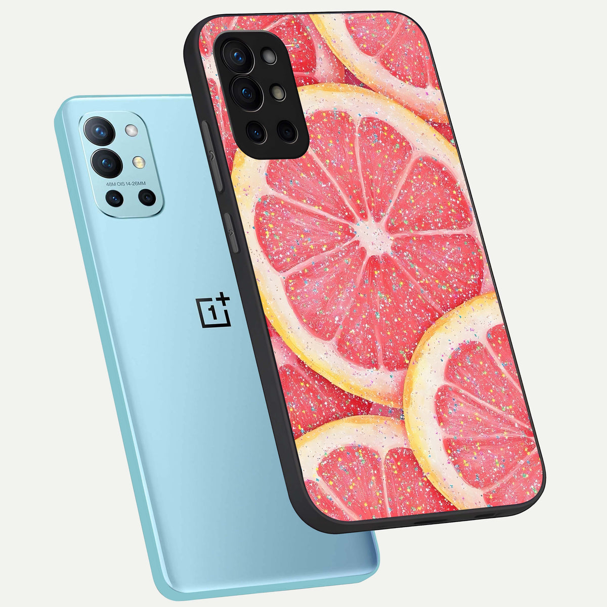  Glitter Grapefruit phone case For OnePlus 9R showing premium glass back cover with detailed artwork