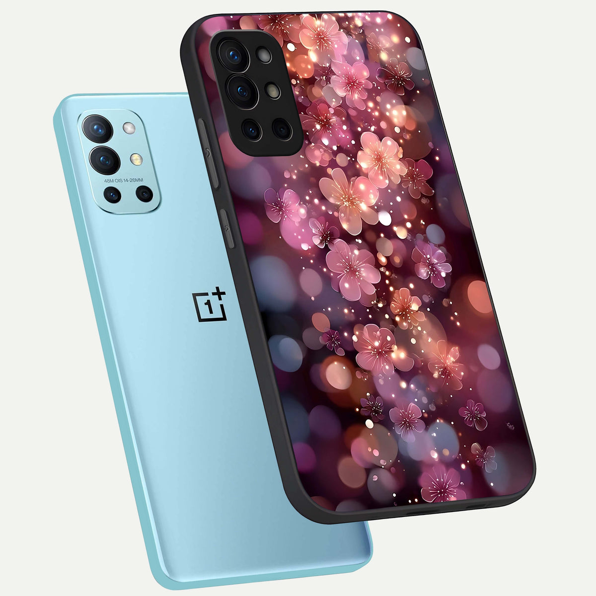 Glowing Petal Bliss phone case For OnePlus 9R showing premium glass back cover with detailed artwork