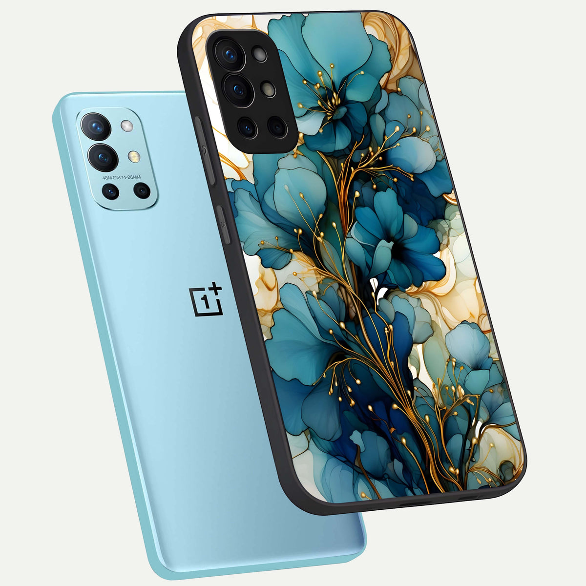  Golden Bloom Symphony phone case For OnePlus 9R showing premium glass back cover with detailed artwork