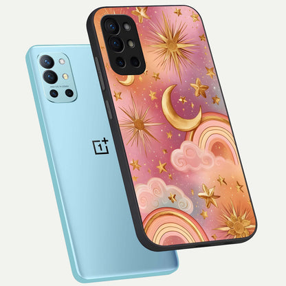  Golden Celestial Dreams phone case For OnePlus 9R showing premium glass back cover with detailed artwork