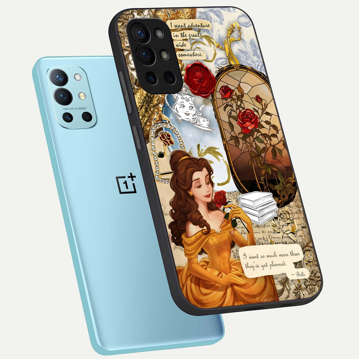  Golden Dream Belle phone case For OnePlus 9R showing premium glass back cover with detailed artwork