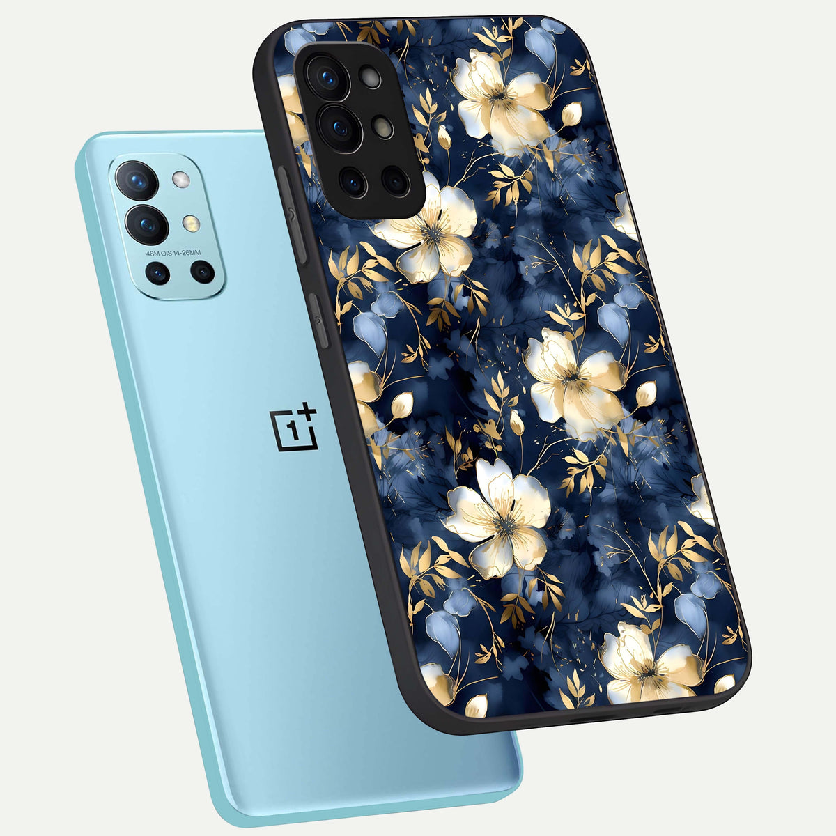 Golden Midnight Bloom phone case For OnePlus 9R showing premium glass back cover with detailed artwork