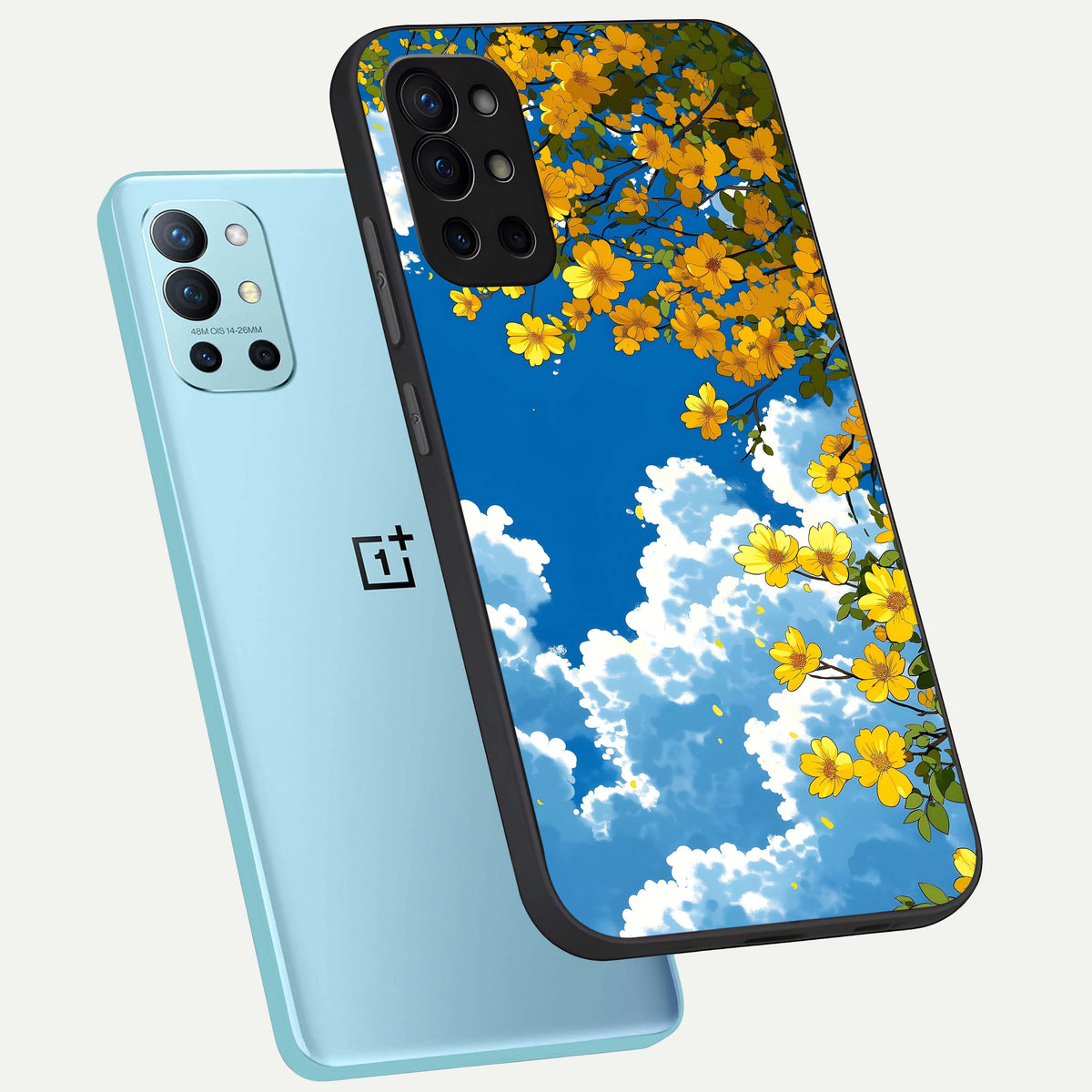  Golden Petal Sky phone case For OnePlus 9R showing premium glass back cover with detailed artwork