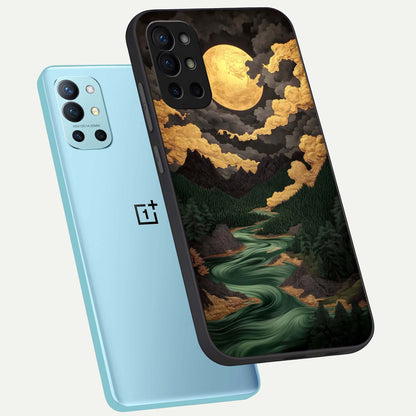  Golden River Moon phone case For OnePlus 9R showing premium glass back cover with detailed artwork