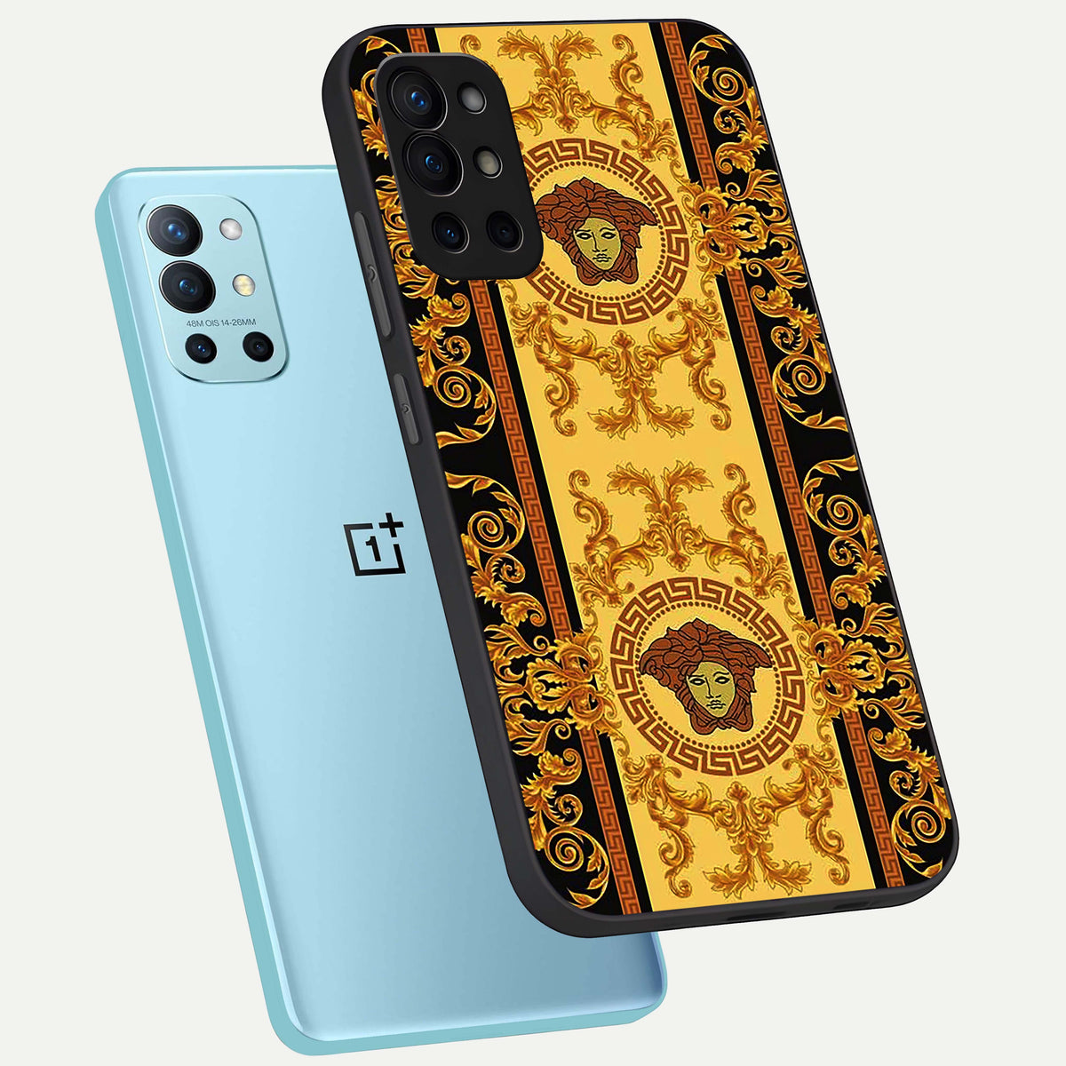  Golden Royal Heritage phone case For OnePlus 9R showing premium glass back cover with detailed artwork