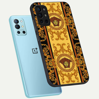  Golden Royal Heritage phone case For OnePlus 9R showing premium glass back cover with detailed artwork