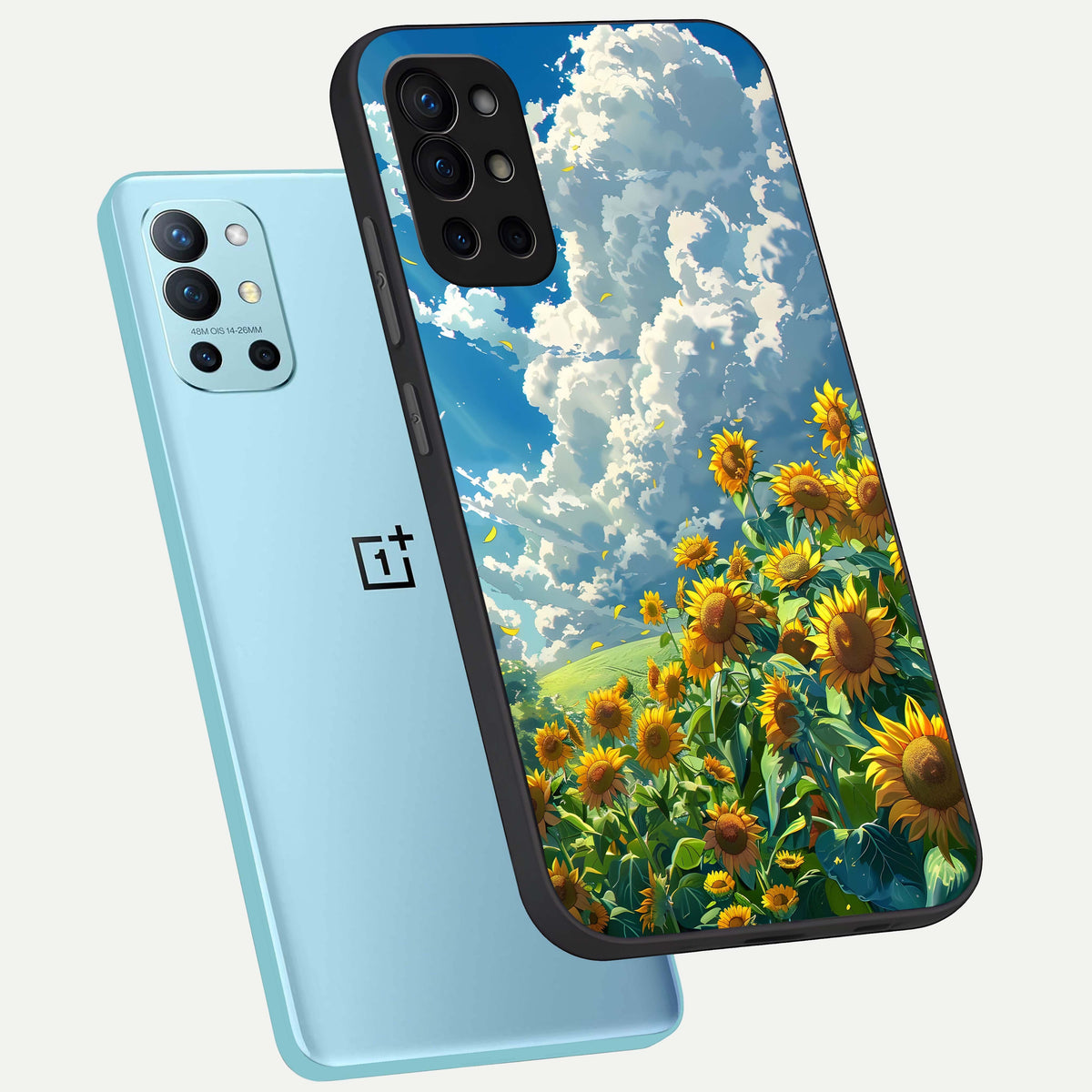  Golden Sun Glory phone case For OnePlus 9R showing premium glass back cover with detailed artwork