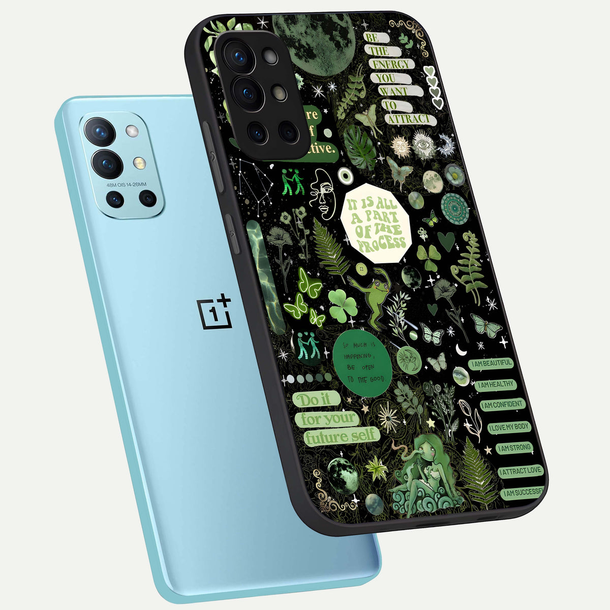  Green Mandala Pattern phone case For OnePlus 9R showing premium glass back cover with detailed artwork