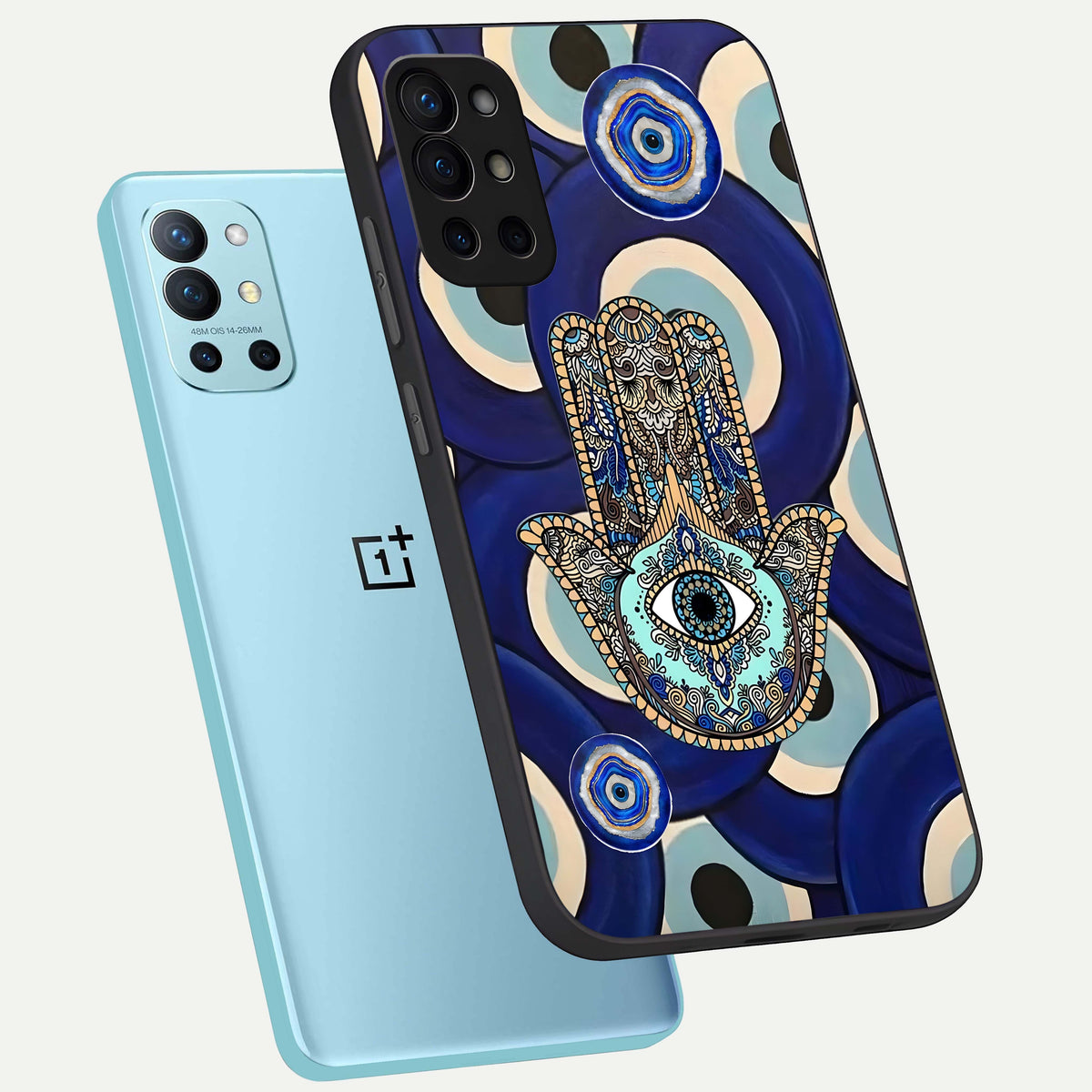  Hamsa Divine Guard phone case For OnePlus 9R showing premium glass back cover with detailed artwork
