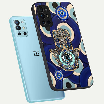  Hamsa Divine Guard phone case For OnePlus 9R showing premium glass back cover with detailed artwork