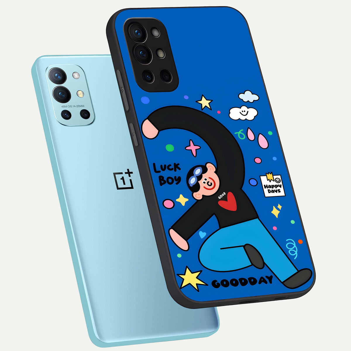  Happy Luck Vibe phone case For OnePlus 9R showing premium glass back cover with detailed artwork