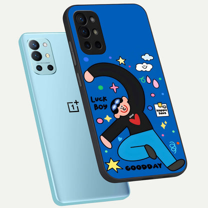  Happy Luck Vibe phone case For OnePlus 9R showing premium glass back cover with detailed artwork