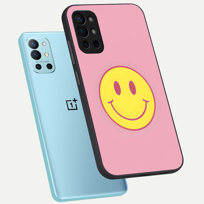  Happy Pink Mood phone case For OnePlus 9R showing premium glass back cover with detailed artwork