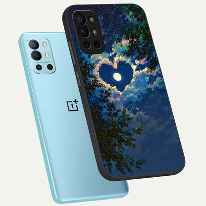  Heart With Moon Sky phone case For OnePlus 9R showing premium glass back cover with detailed artwork
