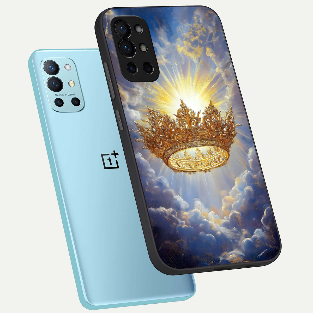  Heavenly Crown Light phone case For OnePlus 9R showing premium glass back cover with detailed artwork