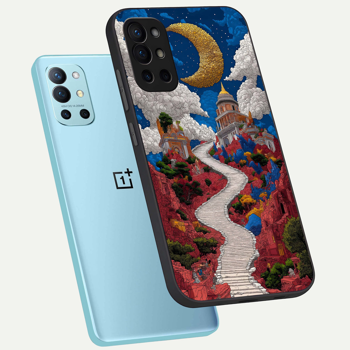  Heavenly Moon Path phone case For OnePlus 9R showing premium glass back cover with detailed artwork