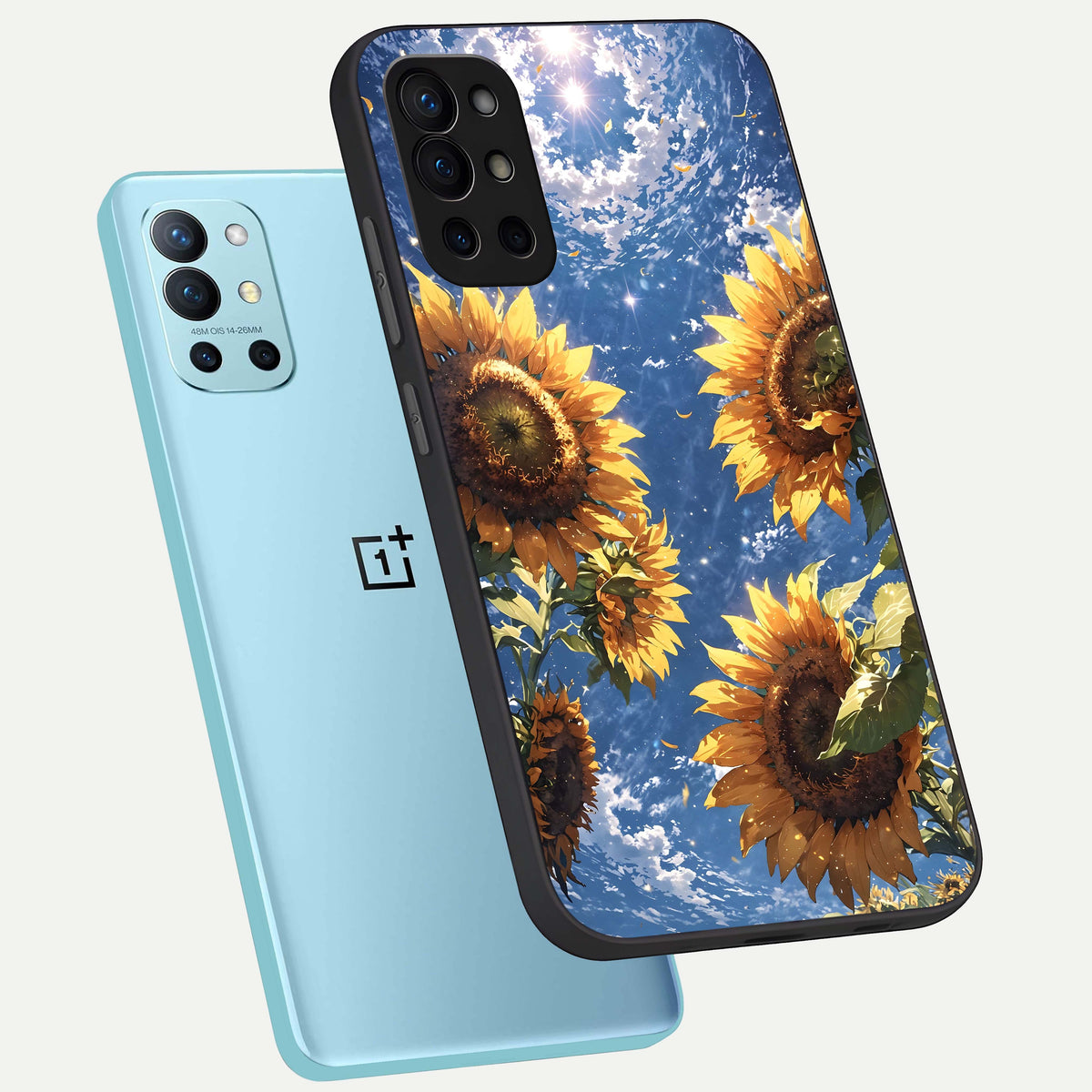  Heavenly Sunflower Rise phone case For OnePlus 9R showing premium glass back cover with detailed artwork
