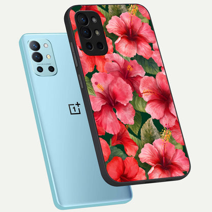  Hibiscus Pattern phone case For OnePlus 9R showing premium glass back cover with detailed artwork