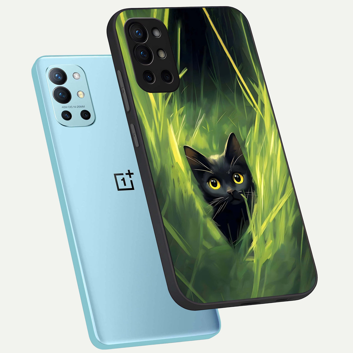 Hidden Cat Whisper phone case For OnePlus 9R showing premium glass back cover with detailed artwork