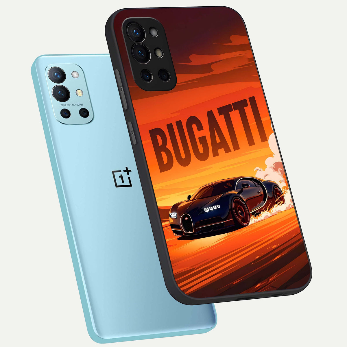  Inferno Bugatti Storm phone case For OnePlus 9R showing premium glass back cover with detailed artwork