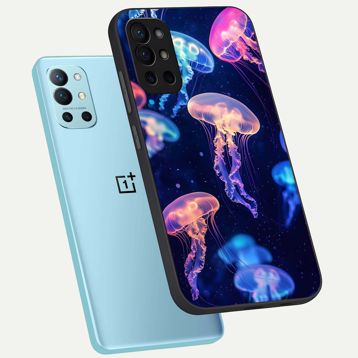  Jellyfish Pattern phone case For OnePlus 9R showing premium glass back cover with detailed artwork