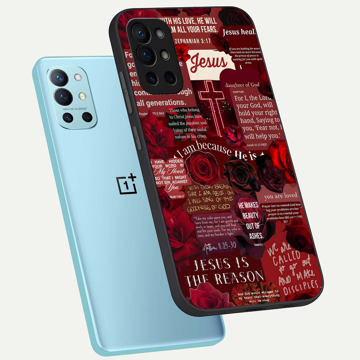  Jesus Love Heals phone case For OnePlus 9R showing premium glass back cover with detailed artwork