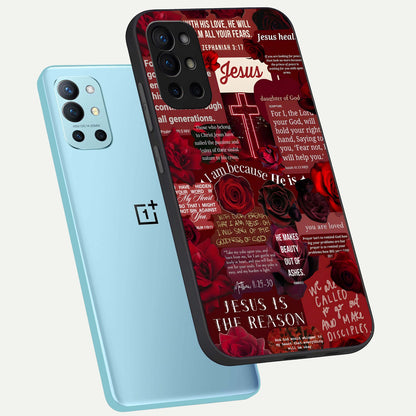  Jesus Love Heals phone case For OnePlus 9R showing premium glass back cover with detailed artwork