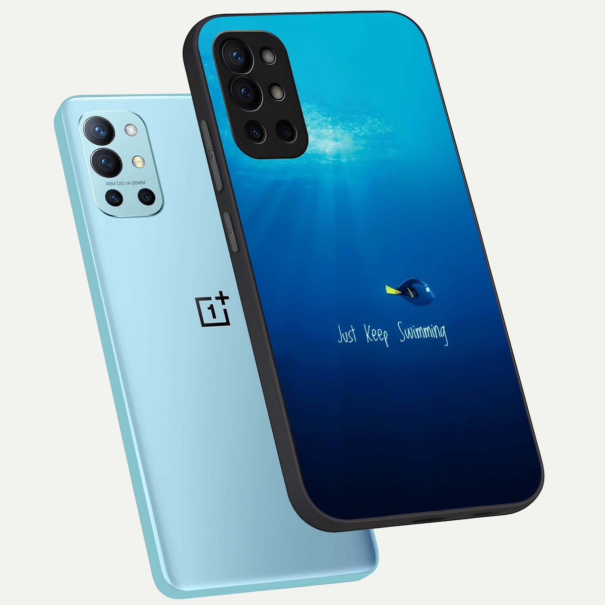  Just Keep Swimming phone case For OnePlus 9R showing premium glass back cover with detailed artwork