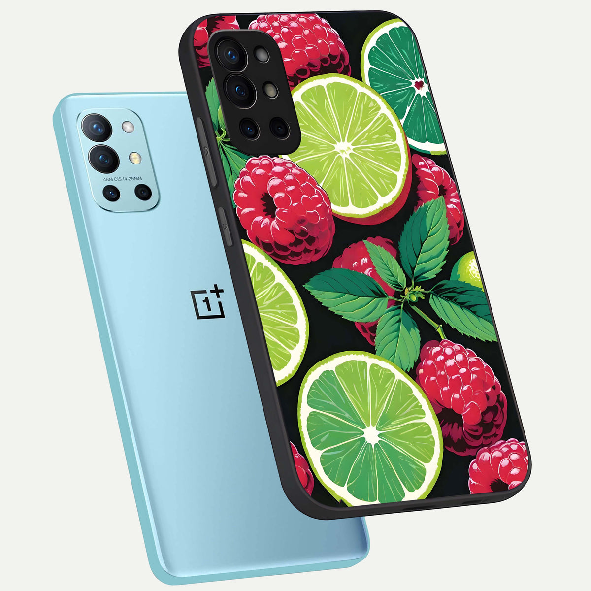  Lime and Raspberry Pattern phone case For OnePlus 9R showing premium glass back cover with detailed artwork