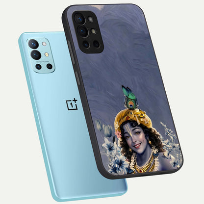  Lord Krishna phone case For OnePlus 9R showing premium glass back cover with detailed artwork