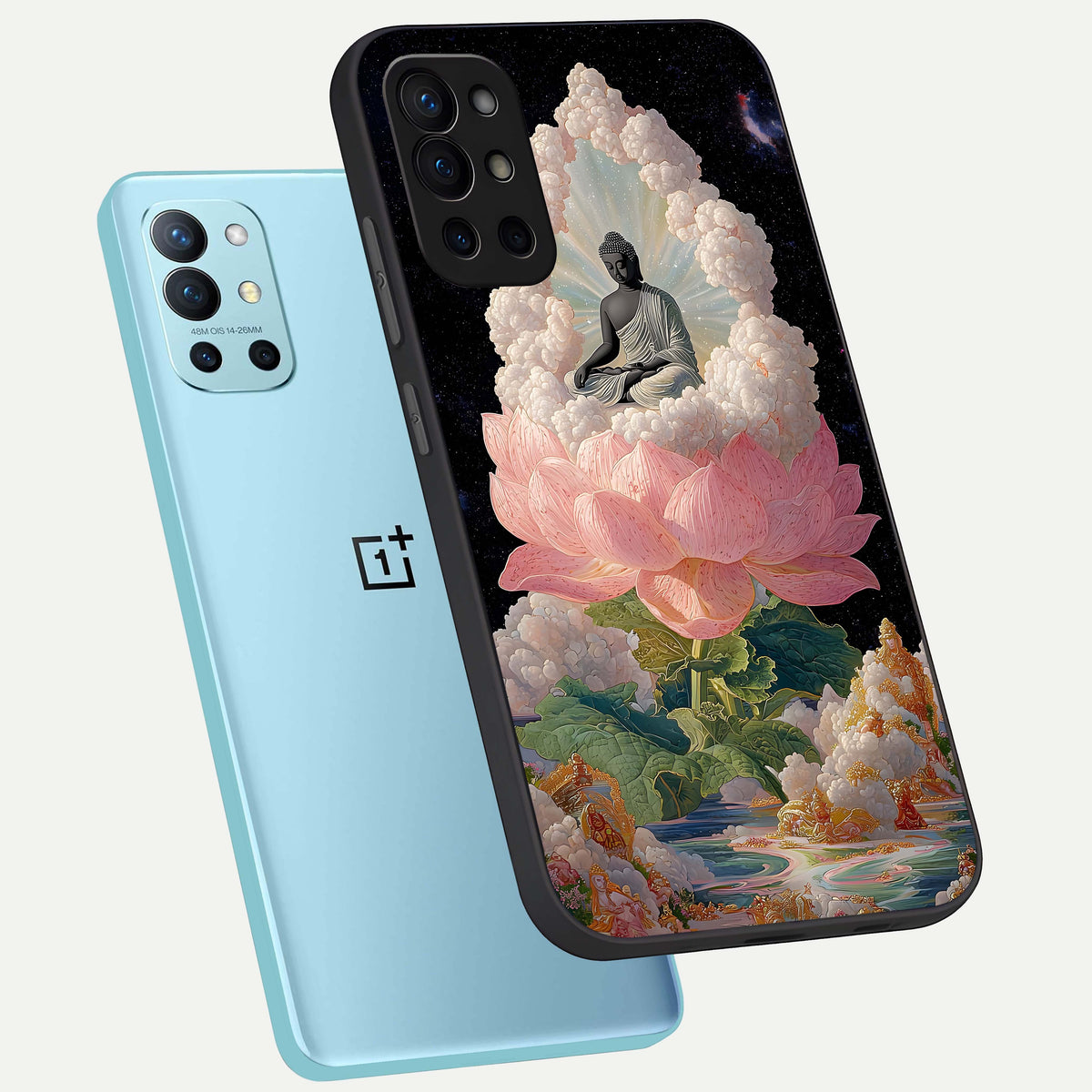  Lotus Divine Peace phone case For OnePlus 9R showing premium glass back cover with detailed artwork