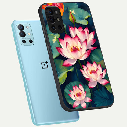  Lotus Dream Serenity phone case For OnePlus 9R showing premium glass back cover with detailed artwork