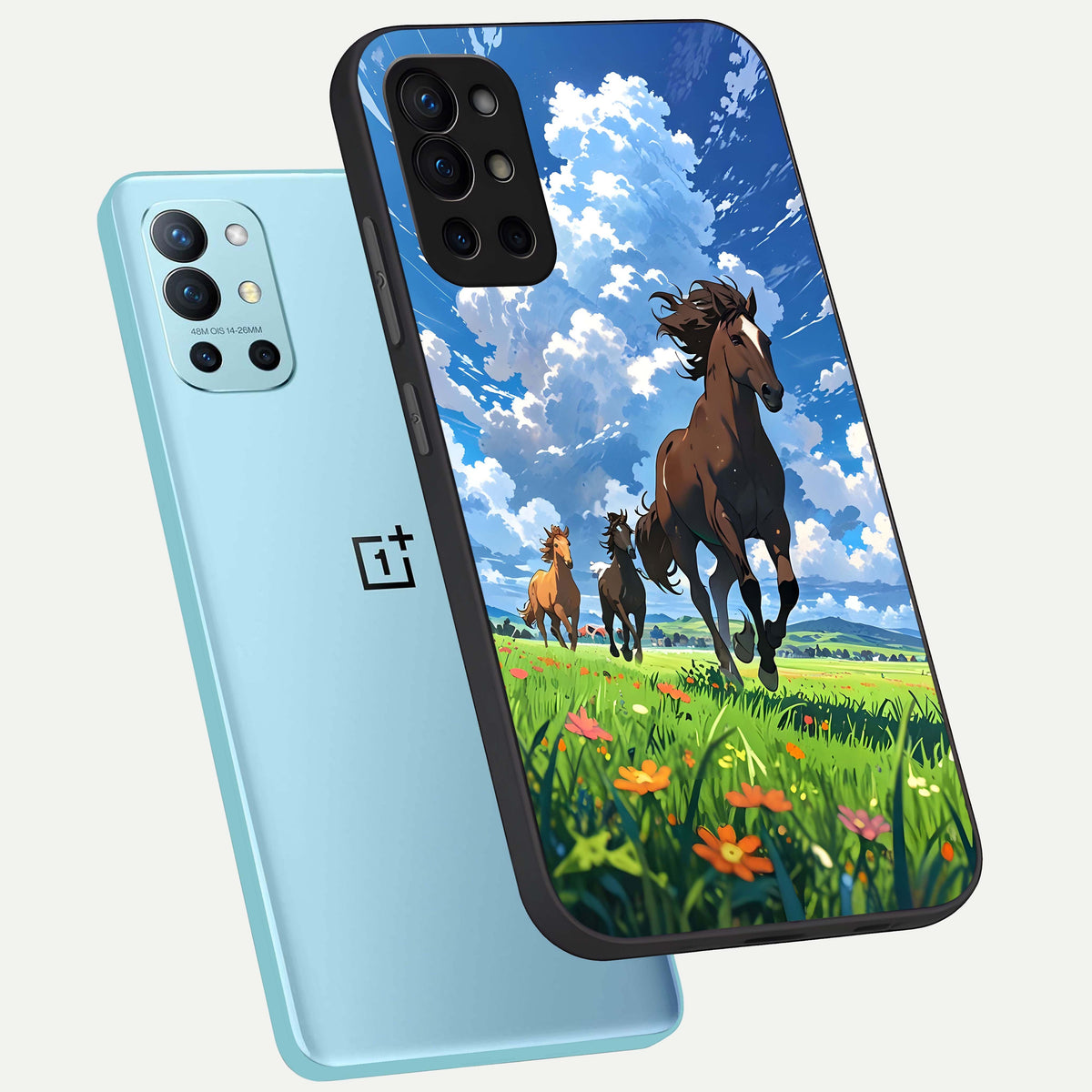  Majestic Horses Galloping phone case For OnePlus 9R showing premium glass back cover with detailed artwork