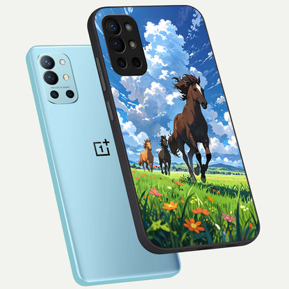  Majestic Horses Galloping phone case For OnePlus 9R showing premium glass back cover with detailed artwork
