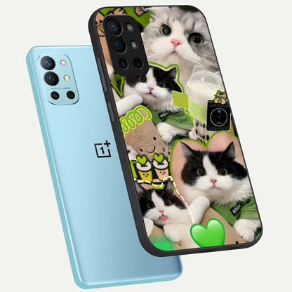  Matcha Cats Mood phone case For OnePlus 9R showing premium glass back cover with detailed artwork