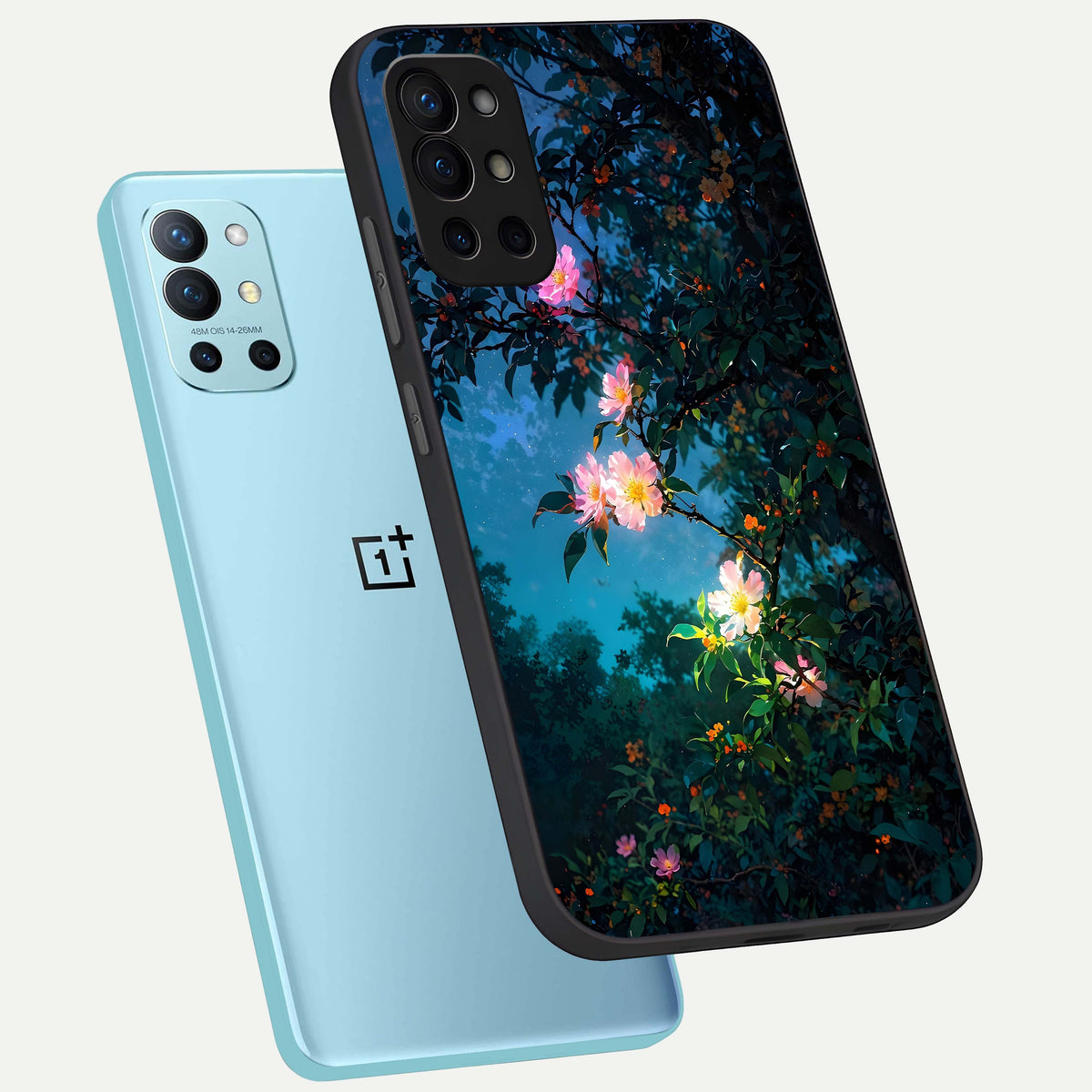  Midnight Bloom Glow phone case For OnePlus 9R showing premium glass back cover with detailed artwork