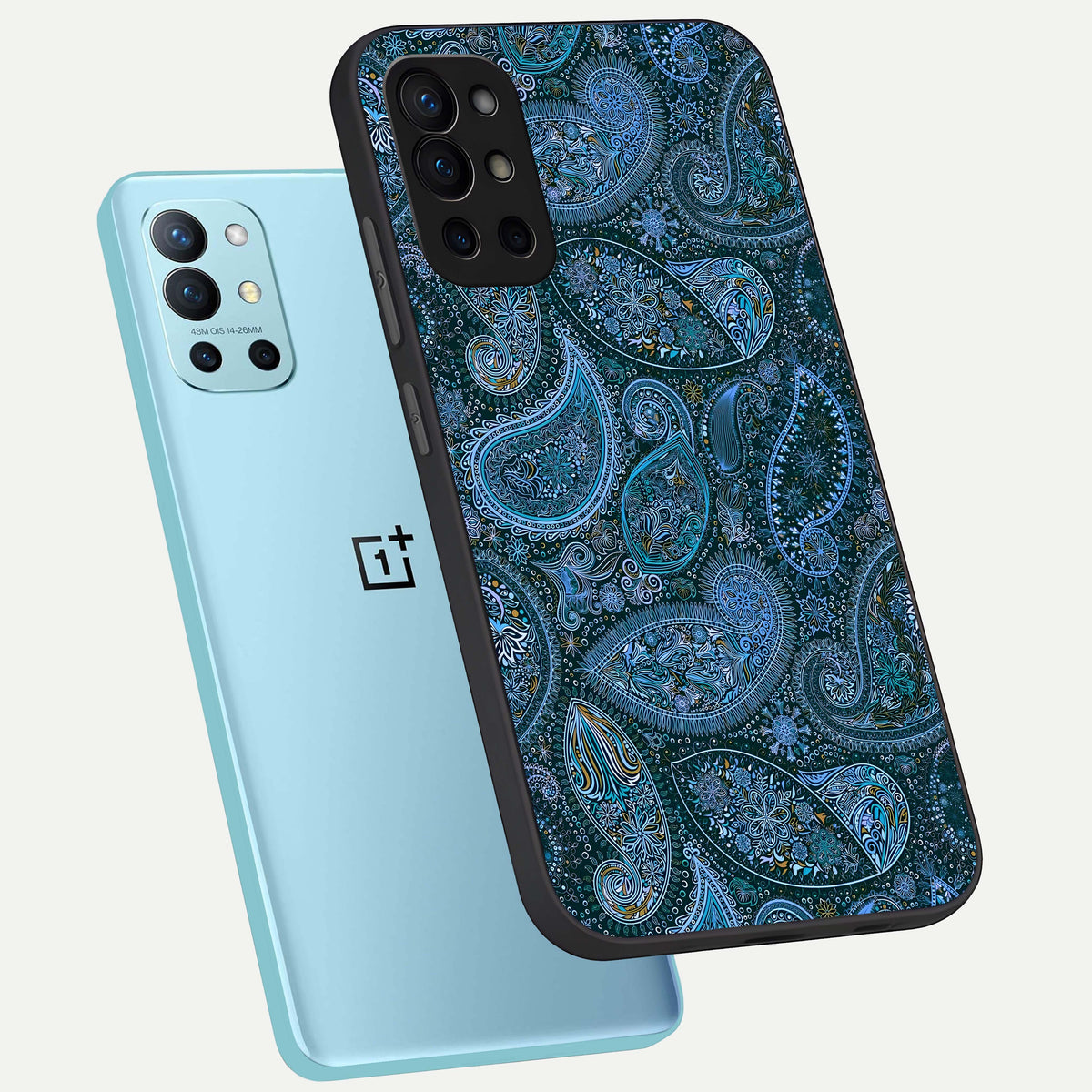  Midnight Paisley Glow phone case For OnePlus 9R showing premium glass back cover with detailed artwork