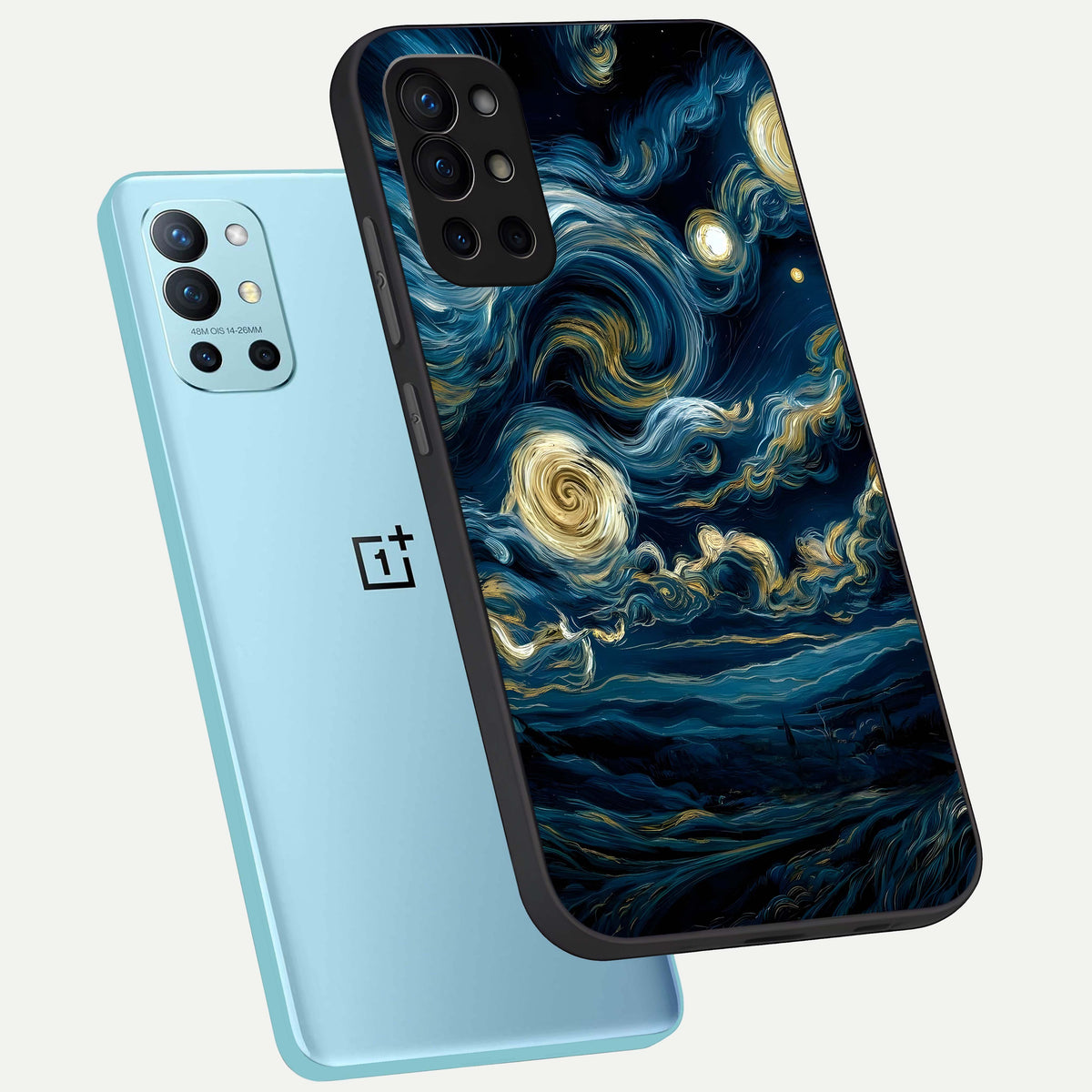  Midnight Sky Whirl phone case For OnePlus 9R showing premium glass back cover with detailed artwork