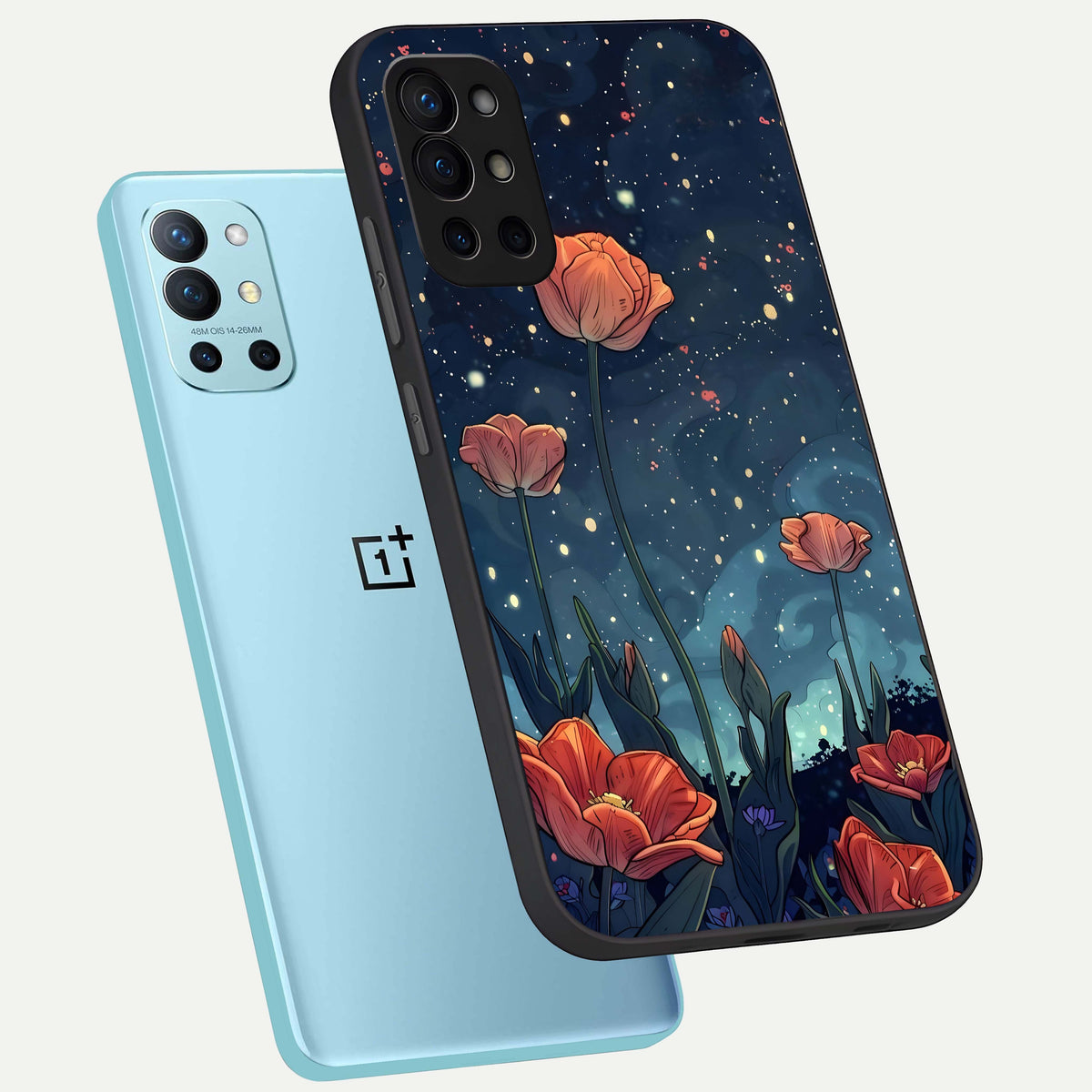  Midnight Tulip Glow phone case For OnePlus 9R showing premium glass back cover with detailed artwork