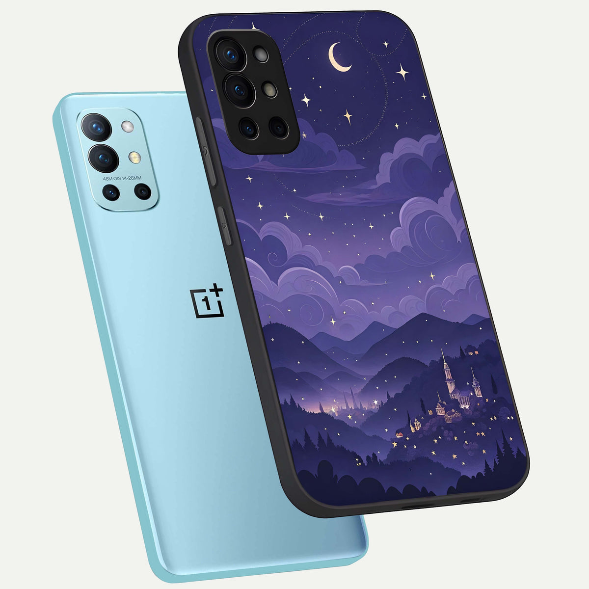  Minimal Night View phone case For OnePlus 9R showing premium glass back cover with detailed artwork