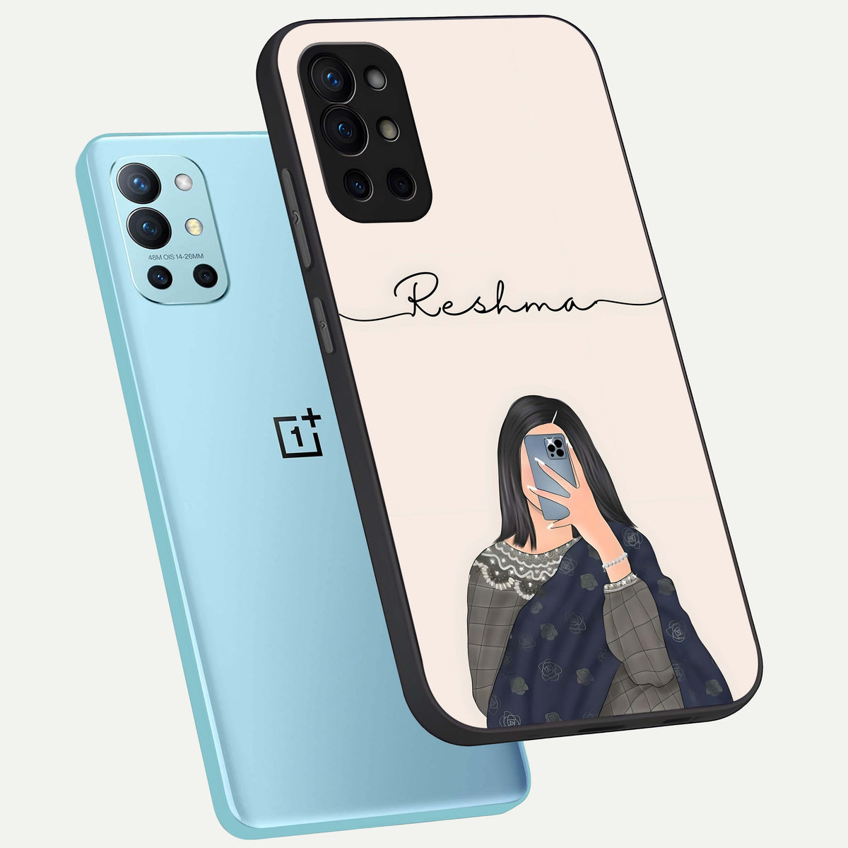  Mirror Mood Muse With Custom Name phone case For OnePlus 9R showing premium glass back cover with detailed artwork