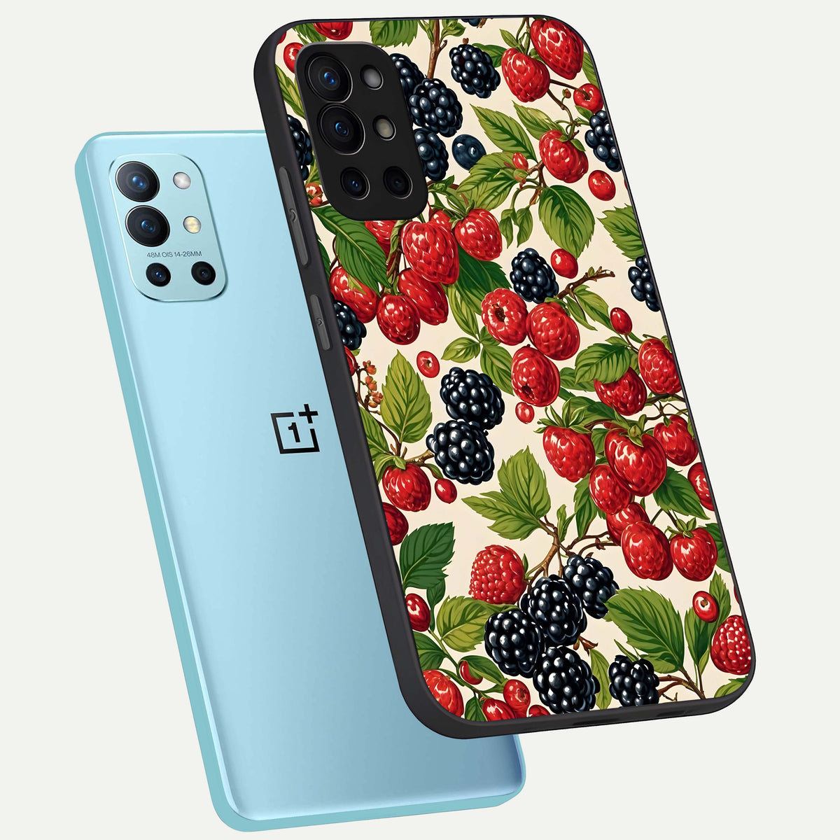  Mixed Berry Collage phone case For OnePlus 9R showing premium glass back cover with detailed artwork