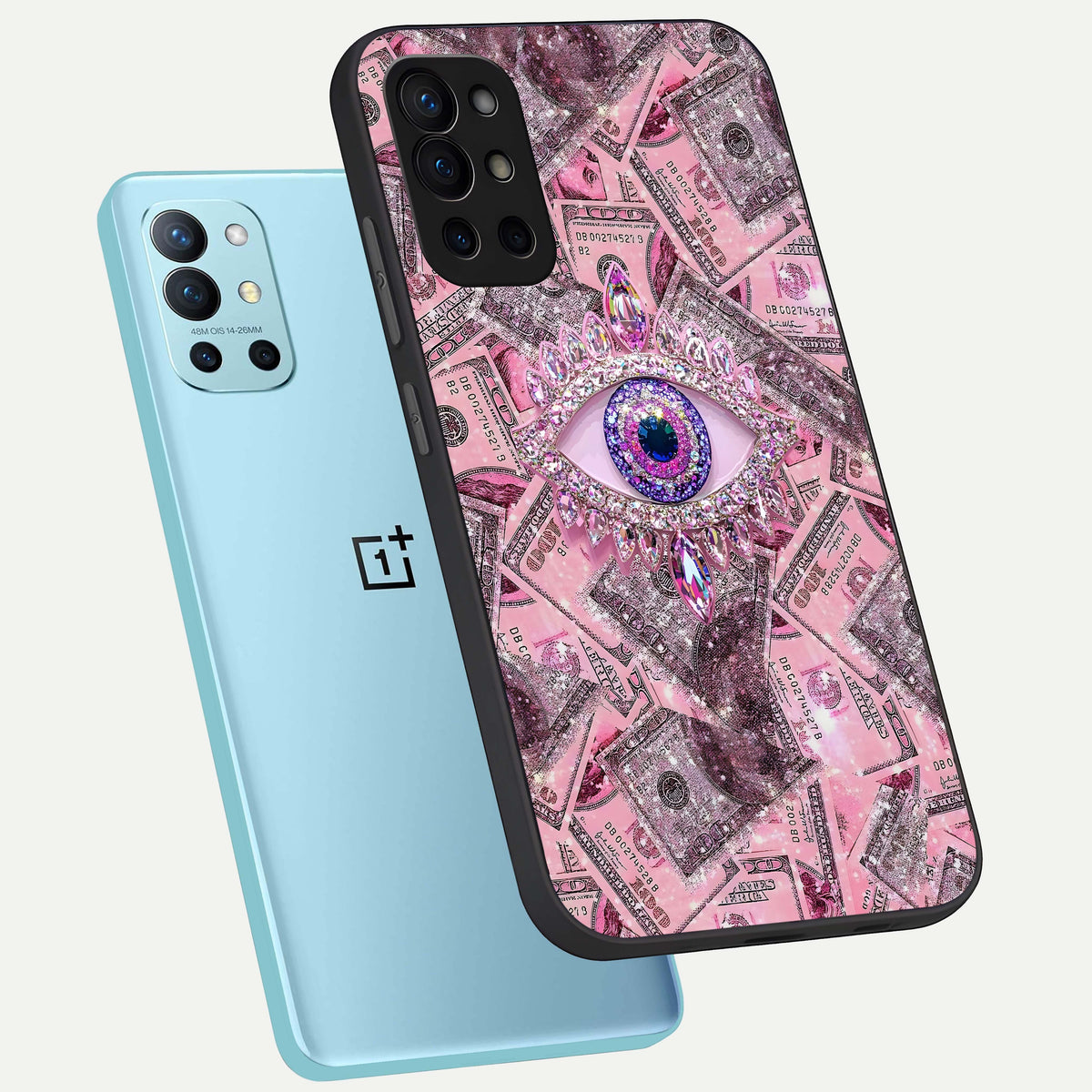  Money Eye Luxe phone case For OnePlus 9R showing premium glass back cover with detailed artwork